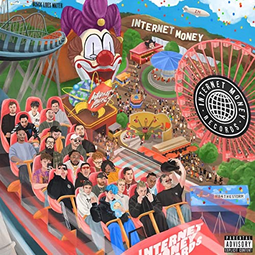 Album cover: colorful amusement park scene with people on a rollercoaster.