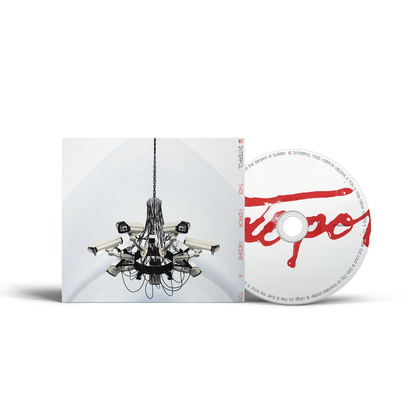 Interpol CD cover featuring a chandelier made of security cameras and a white disc.