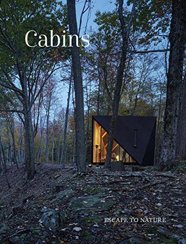 Black cabin with glass wall nestled in a wooded landscape.