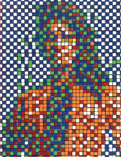 Portrait constructed from colorful Rubik's Cube squares, pixelated effect.