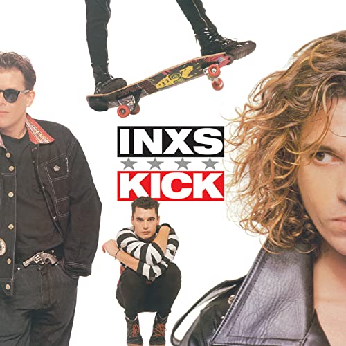 INXS “Kick” album cover featuring band members and a skateboard.