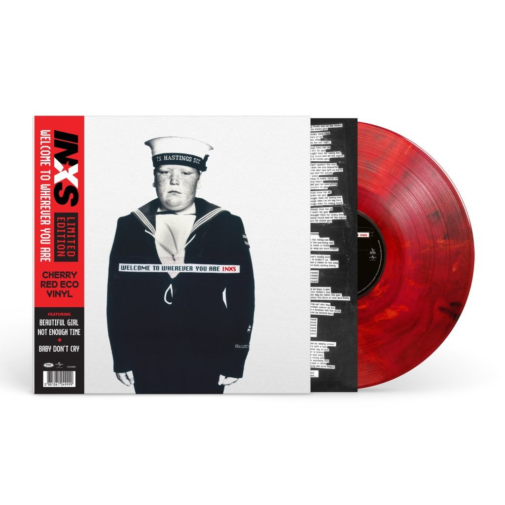 INXS “Welcome To Wherever You Are” red vinyl LP record cover and disc.