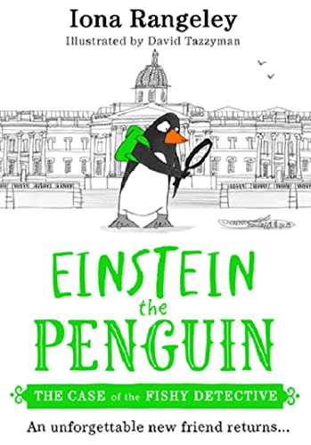 Penguin detective with magnifying glass in front of a sketched building.