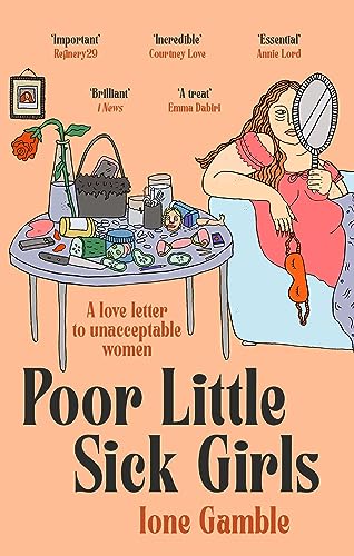 Book cover: illustration of a woman looking in a hand mirror, cluttered table.