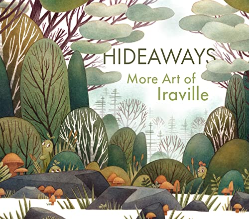 Whimsical watercolor illustration of a forest with small creatures and mushrooms.