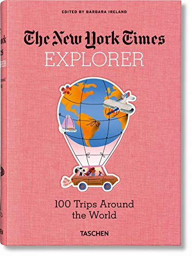Pink book cover titled The New York Times Explorer featuring a globe and car.