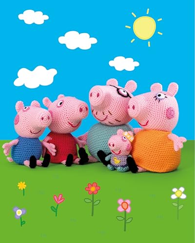 Five crocheted Peppa Pig family dolls stand on a green field against blue sky.