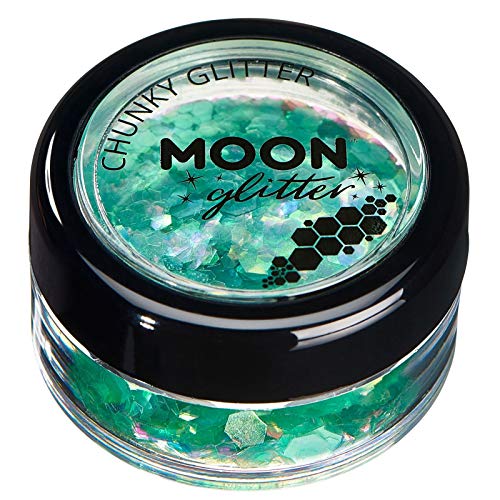 Small round jar containing iridescent green chunky cosmetic glitter with Moon Glitter branding.