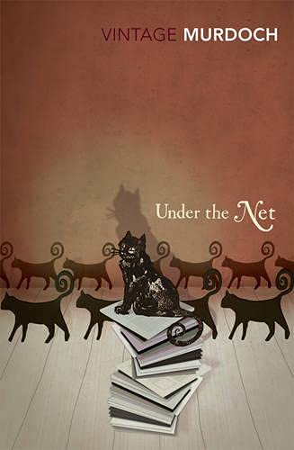 A black cat sits on a stack of books before a background of cat silhouettes.