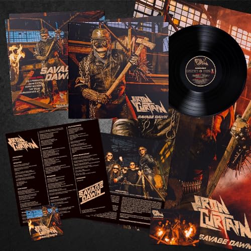 Iron Curtain Savage Dawn vinyl record, album cover, lyric sheet, and band photo inserts.