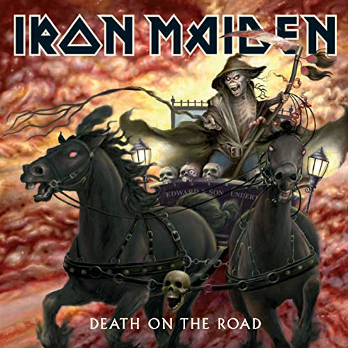 "Vinyl album cover featuring a grim reaper riding a horse-drawn carriage with skulls."