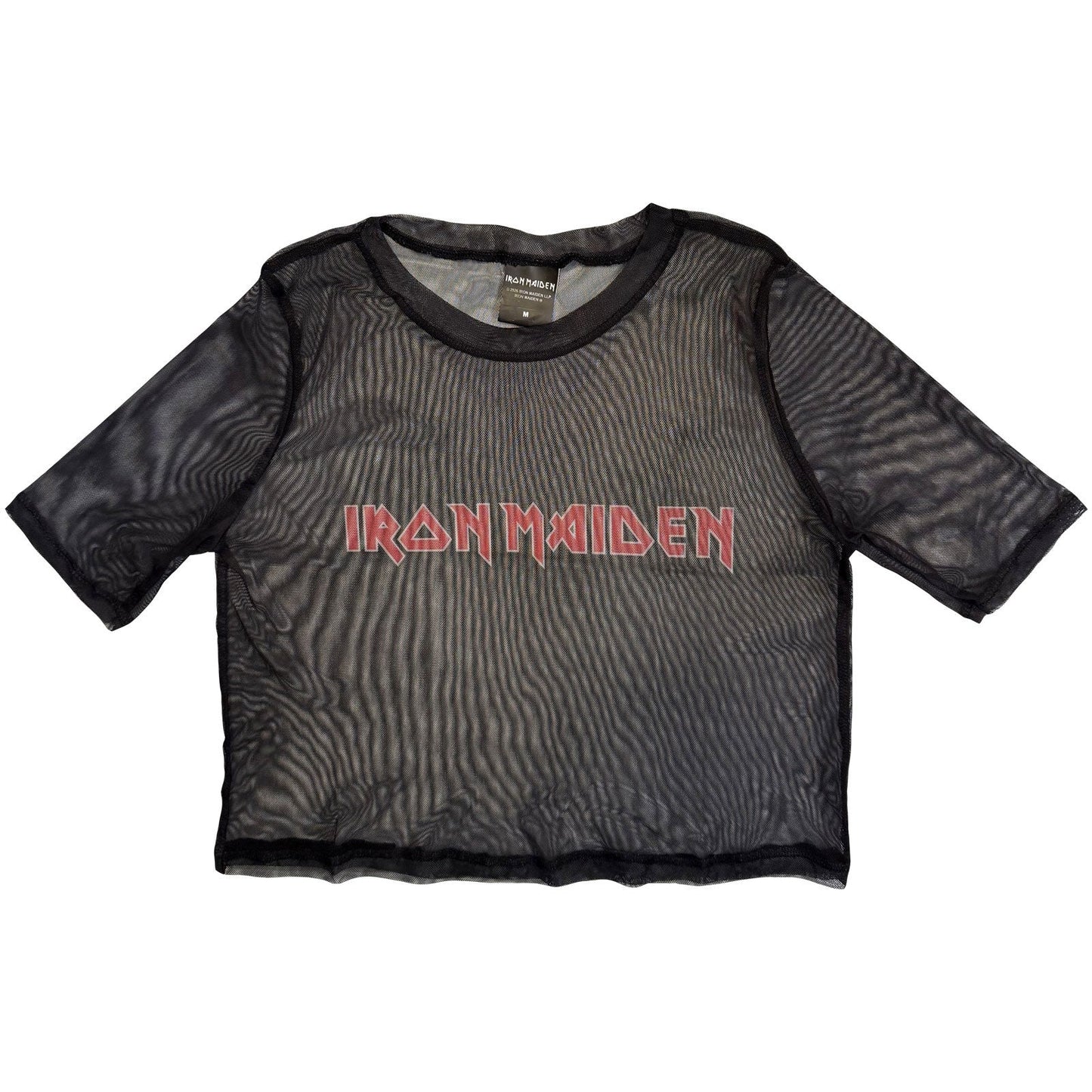 Black mesh crop top with large white Iron Maiden logo, size XX-Large.