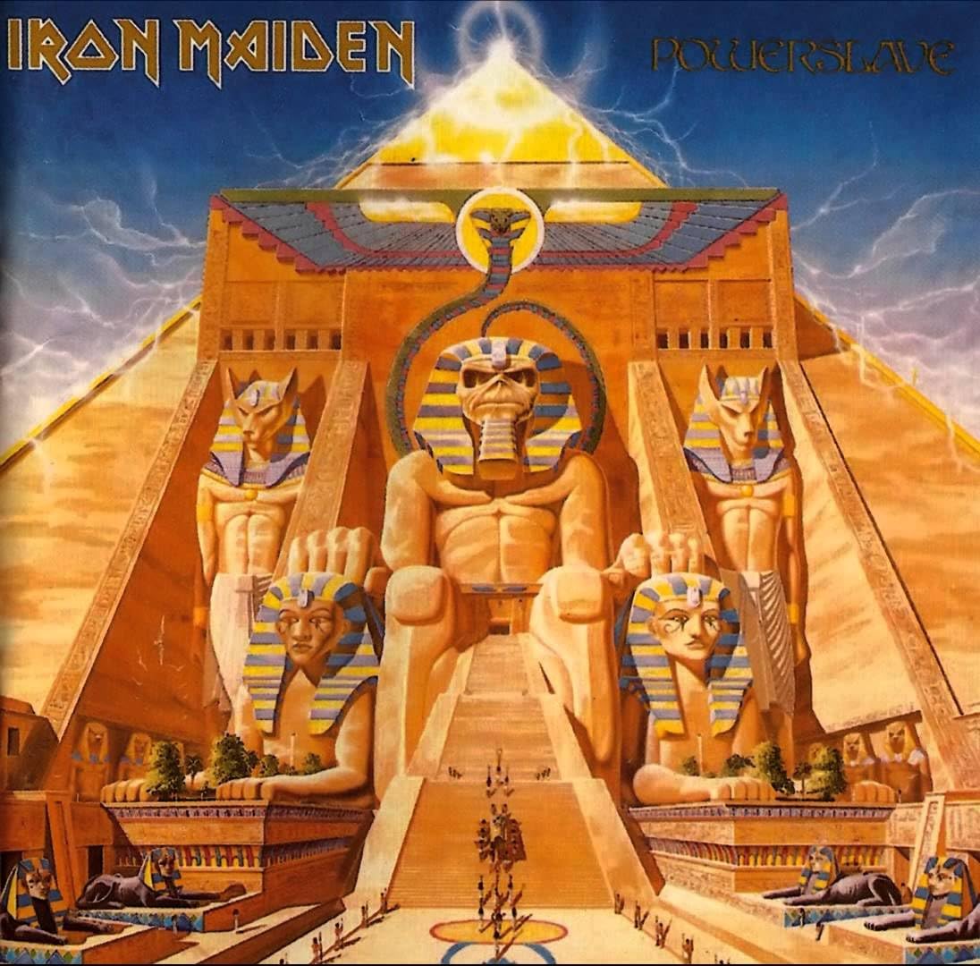 Iron Maiden’s Powerslave album cover: Egyptian-themed artwork with statues and pyramids.