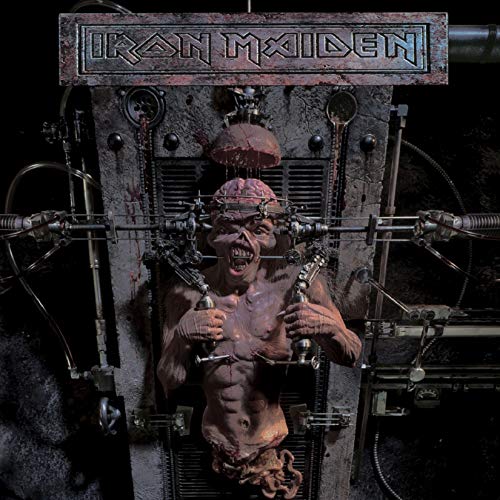 Iron Maiden album cover: distorted figure in a complex mechanical device.