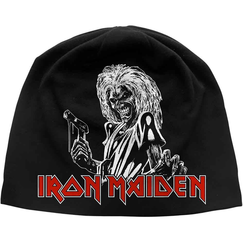 Black knitted beanie hat with “Killers” Iron Maiden logo embroidered on front.