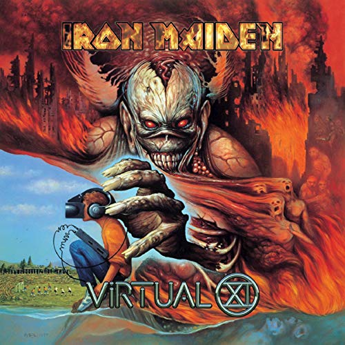 Iron Maiden “Virtual XI” album cover: Eddie with headphones, fiery background.