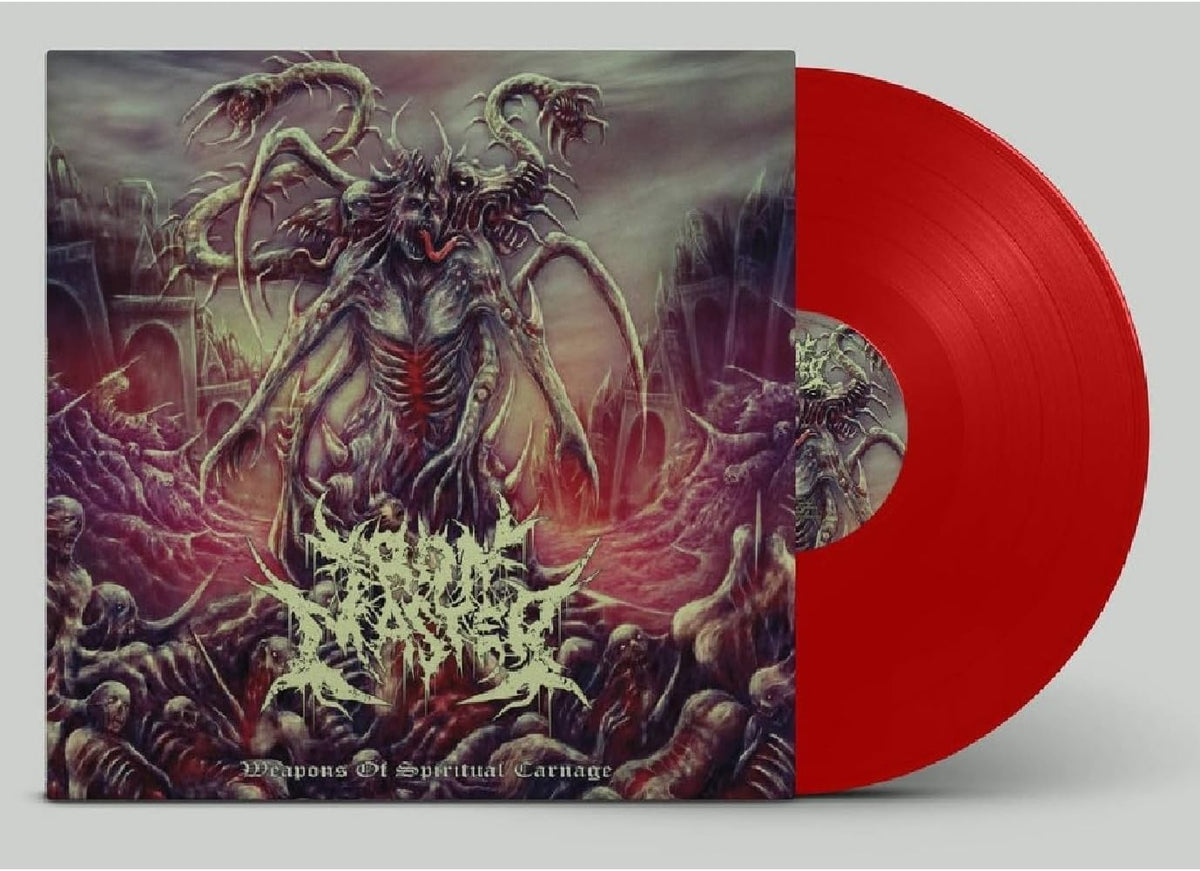 Red vinyl record with dark, fantastical monster and band logo artwork.