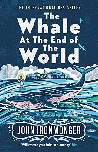 Book cover illustration of a whale swimming in dark water near a coastal town.