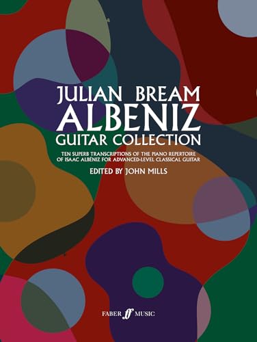 Music book cover titled Julian Bream Albeniz Guitar Collection with abstract colorful circular shapes.