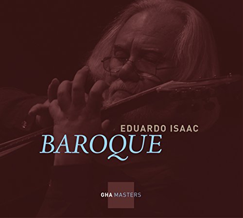 Close-up of violinist Eduardo Isaac with “Baroque” album title.