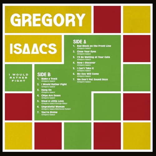 Vinyl record cover: "Isaacs Gregory - I Would Rather Fight" with colorful blocks.