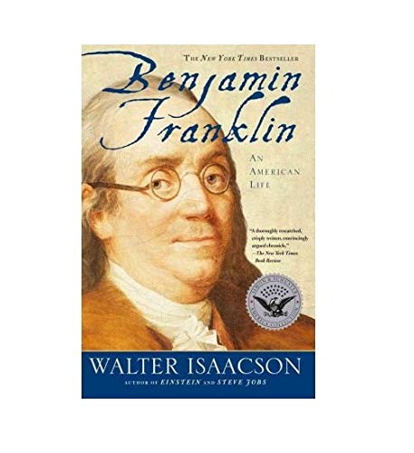 Book cover featuring a portrait of Benjamin Franklin with text by Walter Isaacson.