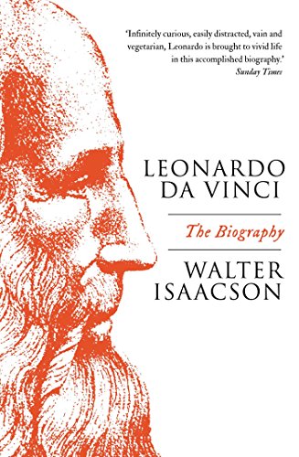 Book cover featuring a red-toned portrait of Leonardo Da Vinci.