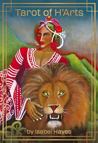 Tarot card cover featuring a woman with a lion, painted style.