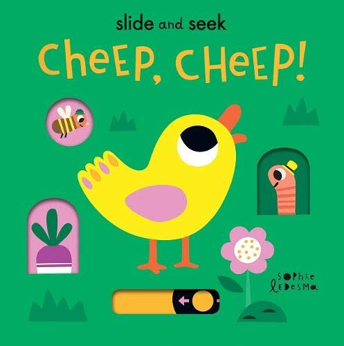 Bright yellow chick illustration with a slide and hidden animals.