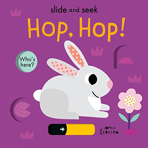 Children’s book cover with a gray bunny, flowers, and a sliding tab.