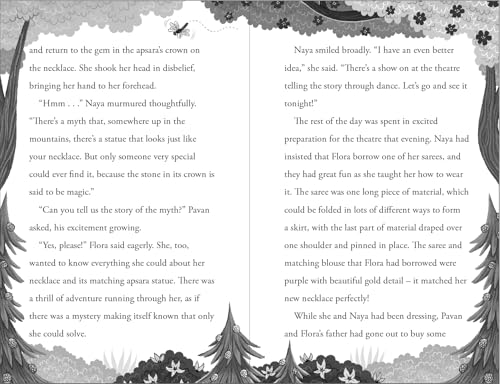 Book page with text and floral border illustrations, featuring a girl’s silhouette.