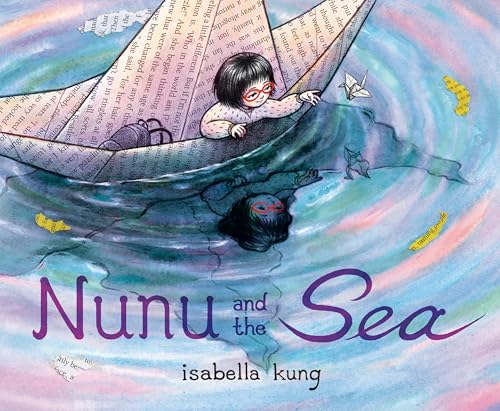 Illustration of a girl in a paper boat, with another figure underwater.