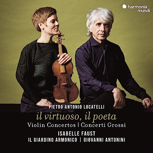 Isabelle Faust and Giovanni Antonini with a violin, album cover.