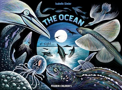 Book cover illustration of various sea creatures under a full moon at night.