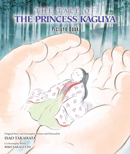 Princess Kaguya lies in a giant hand with bamboo forest backdrop.
