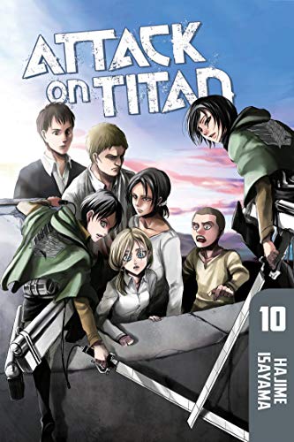 Manga cover of Attack on Titan volume 10 featuring several characters against a sunset sky.