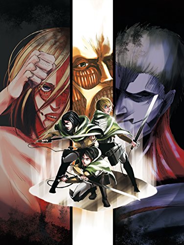 Attack on Titan manga cover featuring three soldiers in front of giant titan faces.