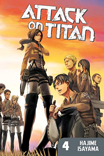 Attack on Titan volume 4 manga cover featuring characters standing in a grassy field.