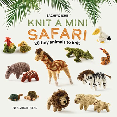Knit book cover featuring small, knitted safari animals on white.