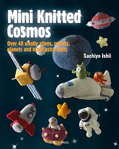 Knitted space-themed figures: aliens, rockets, planets, and an astronaut.