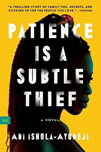 Book cover: woman’s profile with bold title “Patience Is a Subtle Thief.”