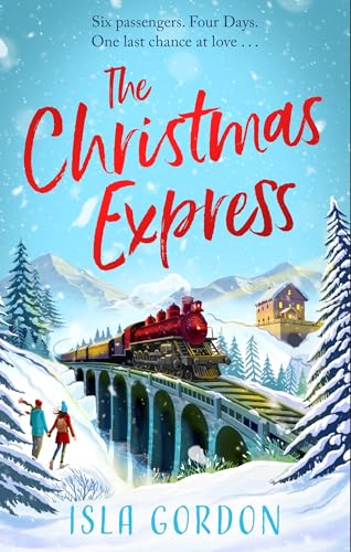 Book cover: red steam train on a snowy bridge, couple walking.