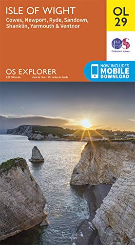 Ordnance Survey Explorer map of the Isle of Wight featuring coastal cliffs at sunset.