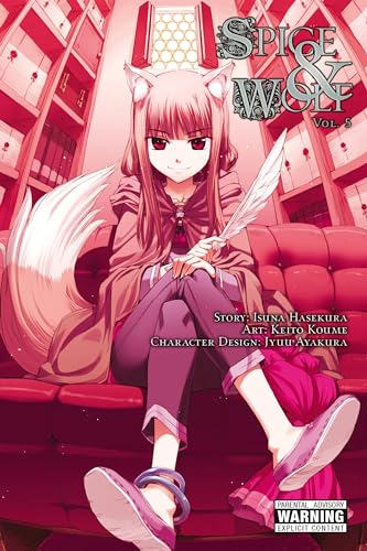 Manga cover: Holo, a wolf spirit, sits on a red couch with a quill.