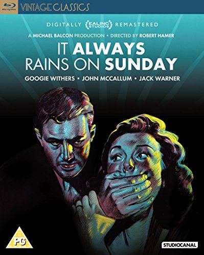 Blu-ray cover for "It Always Rains On Sunday" featuring two distressed people.