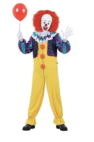 Pennywise the clown costume with red hair, holding a red balloon.