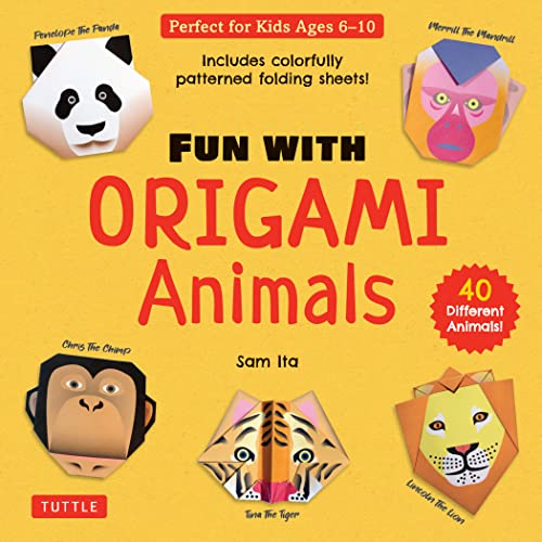 Origami animals kit cover with panda, monkey, tiger, and lion examples.