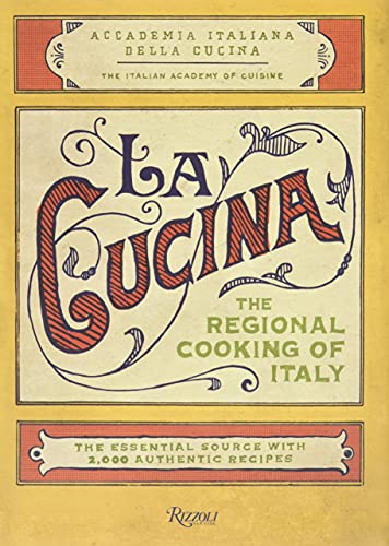 Cookbook cover, “La Cucina: The Regional Cooking of Italy,” ornate lettering.