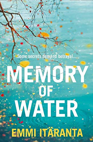 Book cover: “Memory of Water” with blurred water and falling leaves.