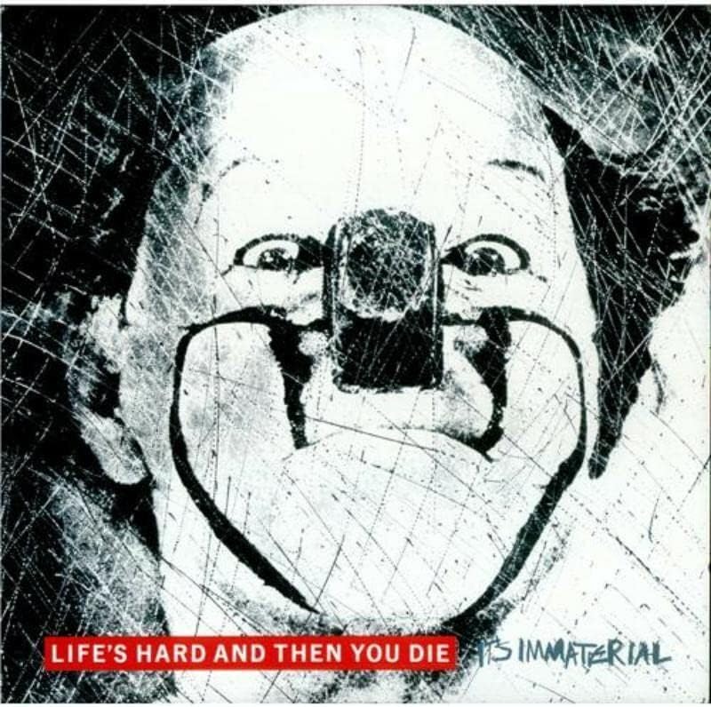 Black and white album cover featuring a distressed clown face with a stitched mouth.